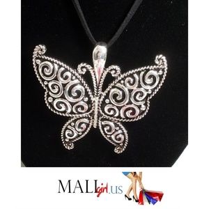 Beautiful  Silver Filigree Butterfly Pendant  Choker Necklace